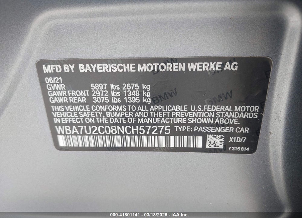 2022 BMW 750 VIN: WBA7U2C08NCH57275