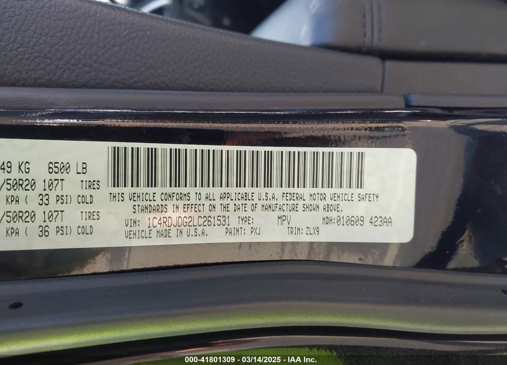 2020 DODGE DURANGO GT PLUS AWD VIN: 1C4RDJDG2LC261531
