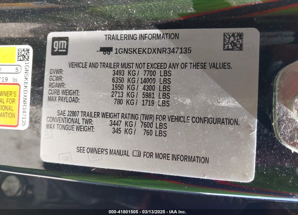 2022 CHEVROLET SUBURBAN VIN: 1GNSKEKDXNR347135