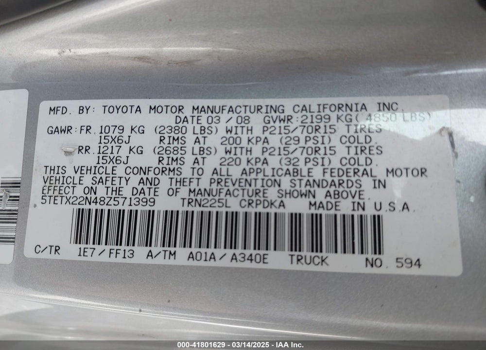 2008 TOYOTA TACOMA VIN: 5TETX22N48Z571399