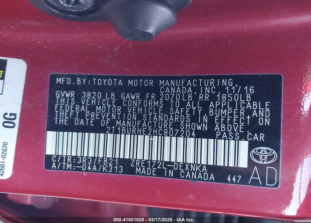 2017 TOYOTA COROLLA LE VIN: 2T1BURHE2HC807204