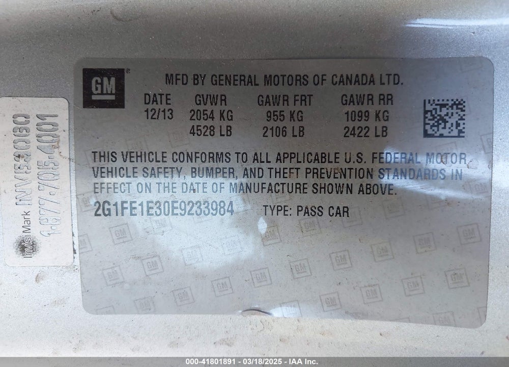 2014 CHEVROLET CAMARO VIN: 2G1FE1E30E9233984
