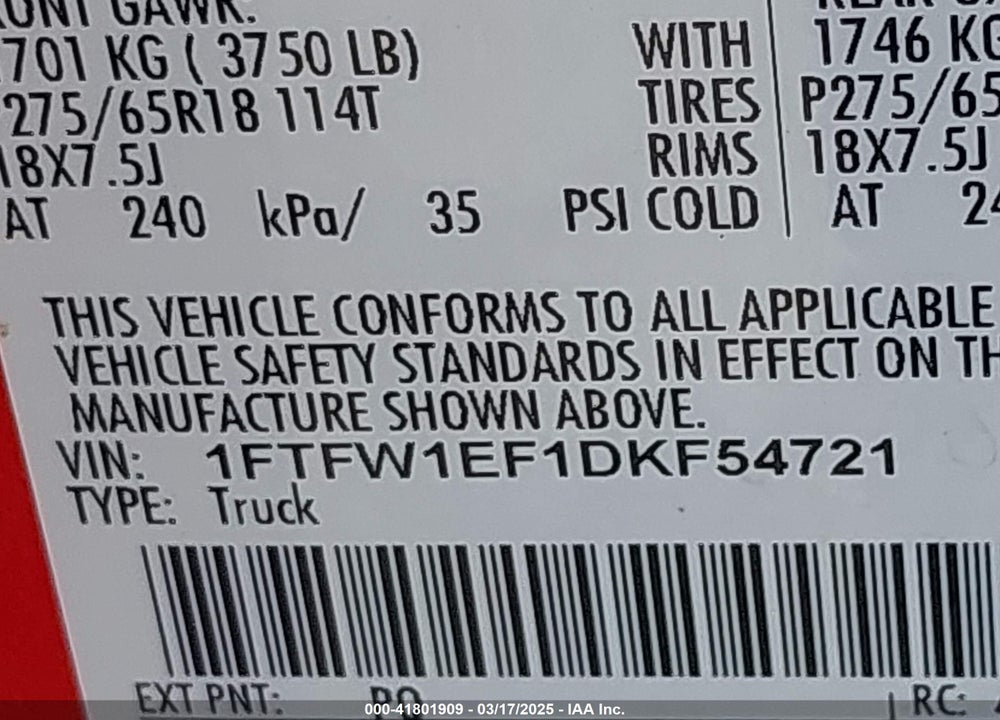 2013 FORD F-150 VIN: 1FTFW1EF1DKF54721