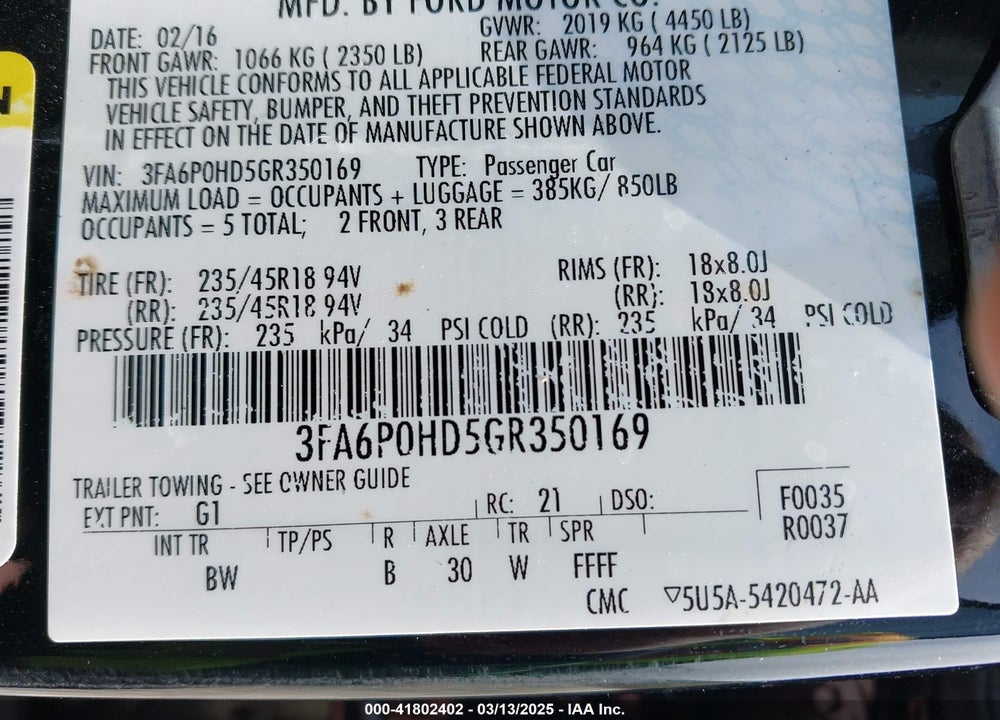 2016 FORD FUSION VIN: 3FA6P0HD5GR350169