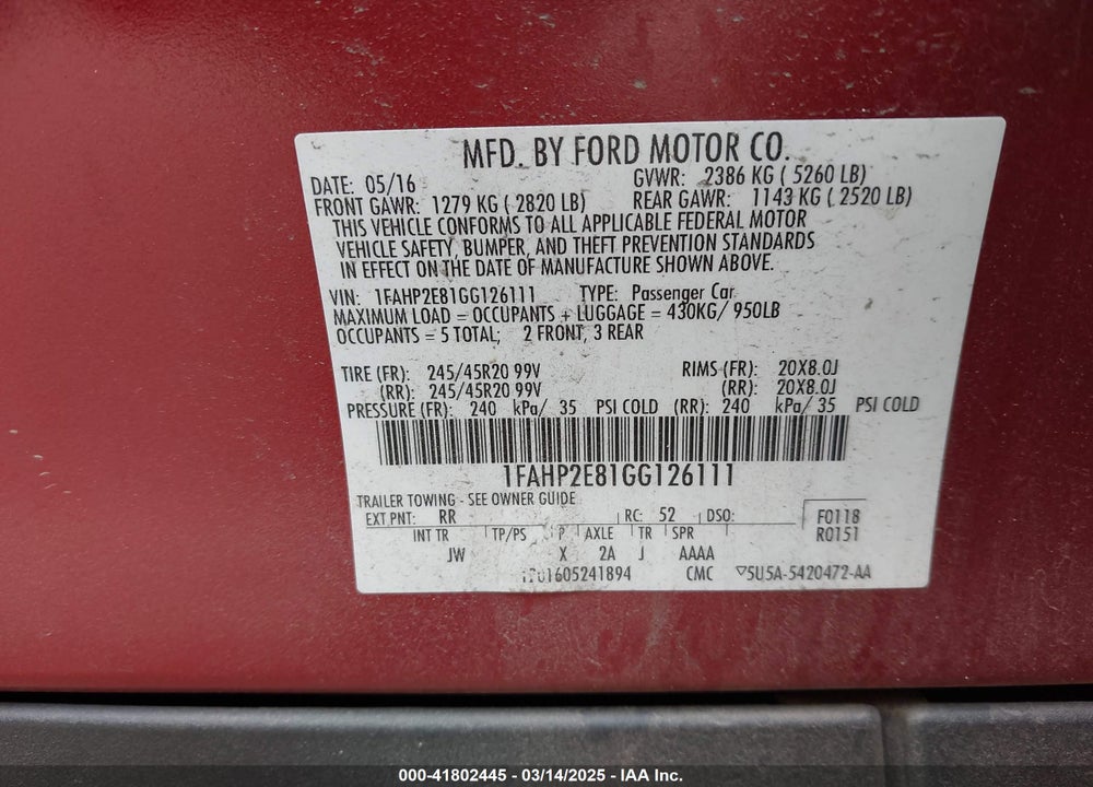 2016 FORD TAURUS VIN: 1FAHP2E81GG126111