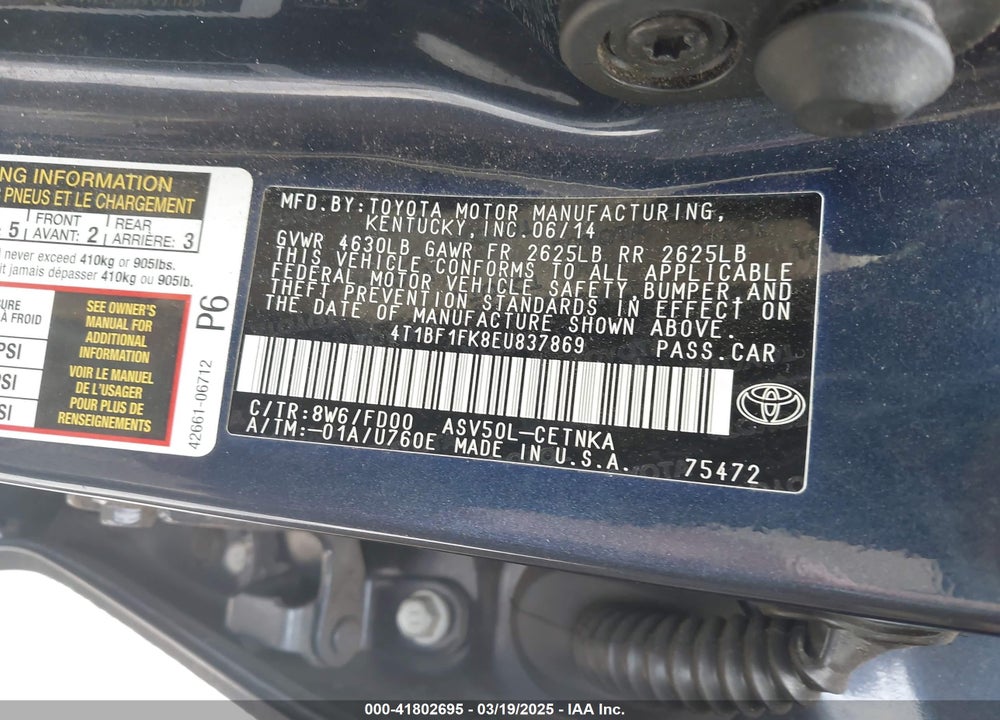 2014 TOYOTA CAMRY LE VIN: 4T1BF1FK8EU837869