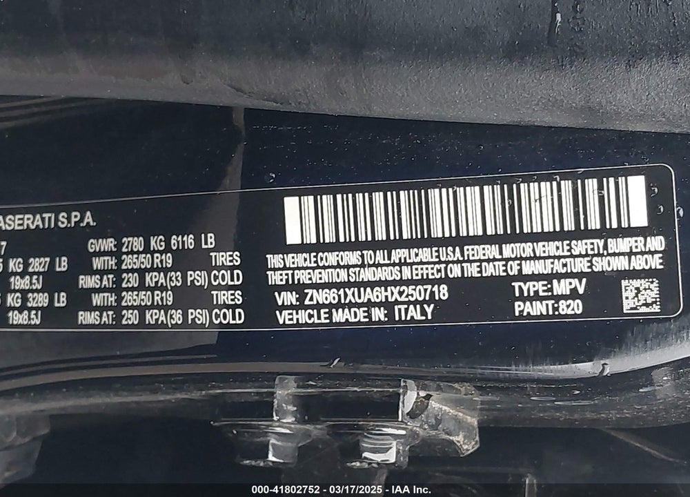 2017 MASERATI LEVANTE VIN: ZN661XUA6HX250718
