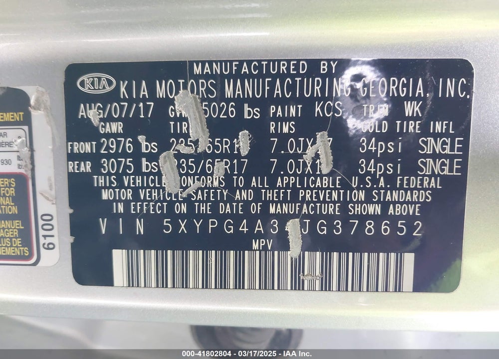 2018 KIA SORENTO VIN: 5XYPG4A34JG378652