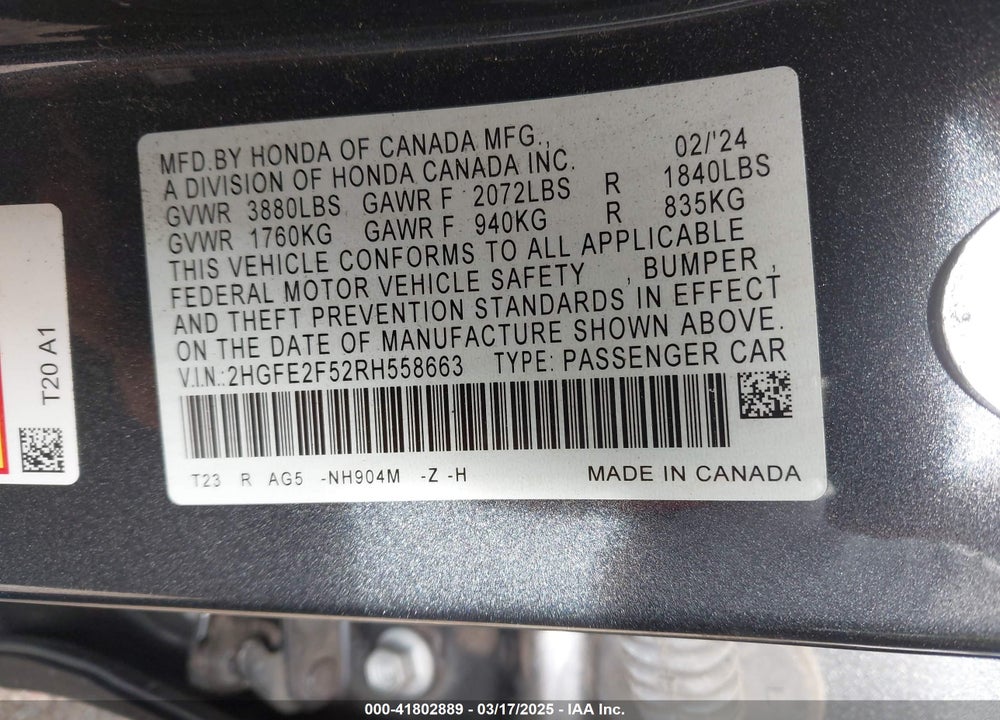 2024 HONDA CIVIC VIN: 2HGFE2F52RH558663