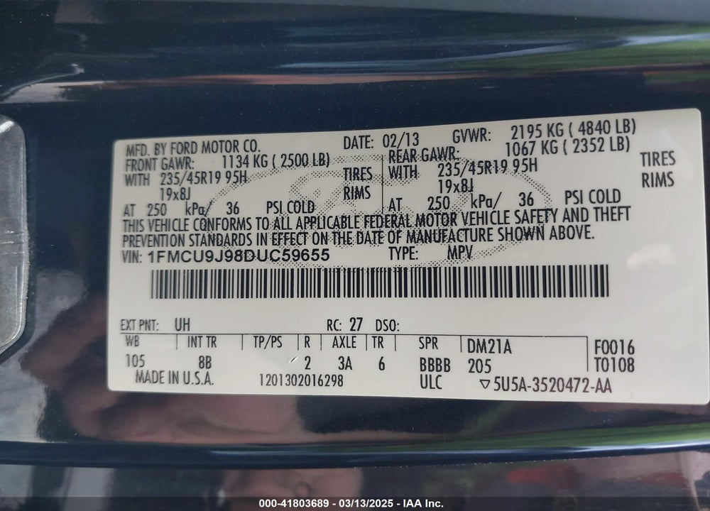 2013 FORD ESCAPE TITANIUM VIN: 1FMCU9J98DUC59655