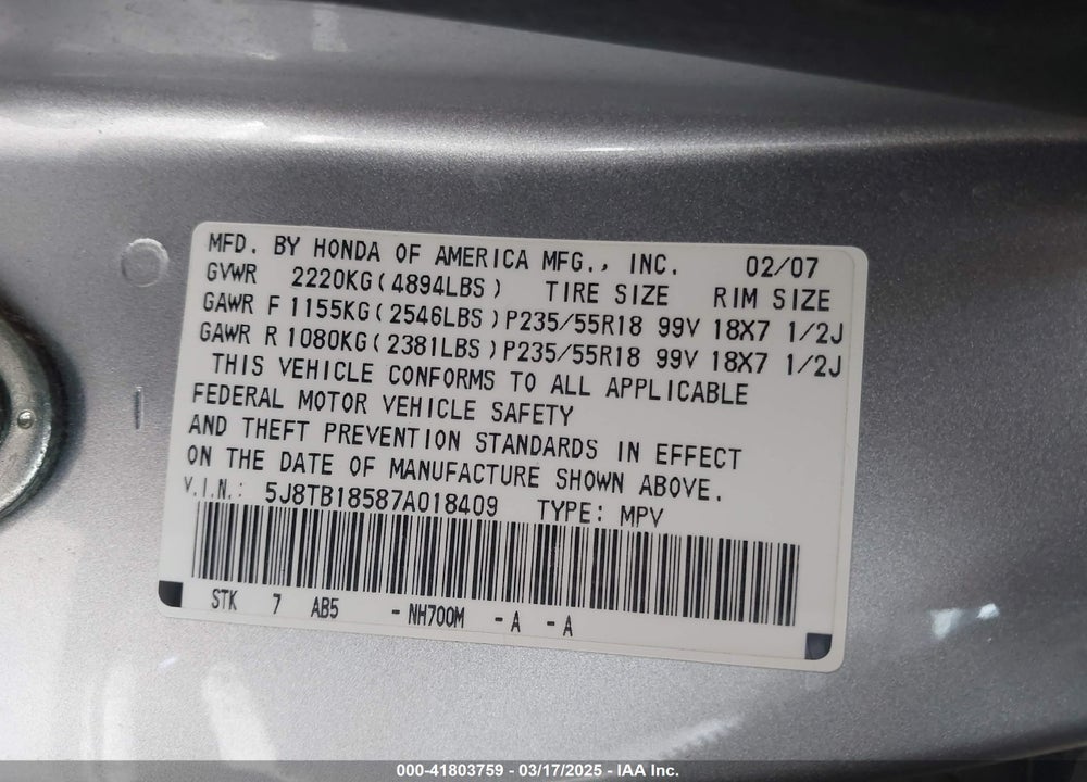 2007 ACURA RDX VIN: 5J8TB18587A018409
