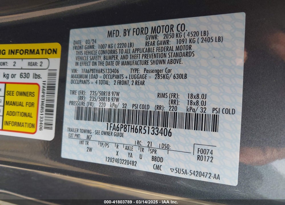 2024 FORD MUSTANG VIN: 1FA6P8TH6R5133406