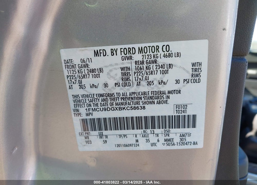 2011 FORD ESCAPE VIN: 1FMCU9DGXBKC58638