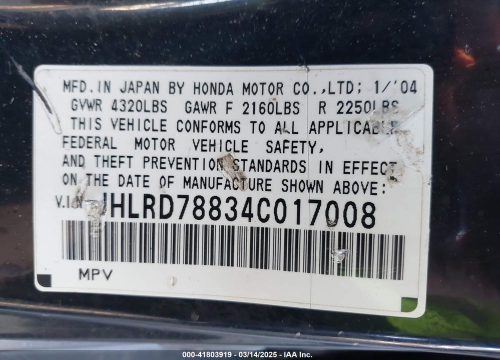 2004 HONDA CR-V VIN: JHLRD78834C017008