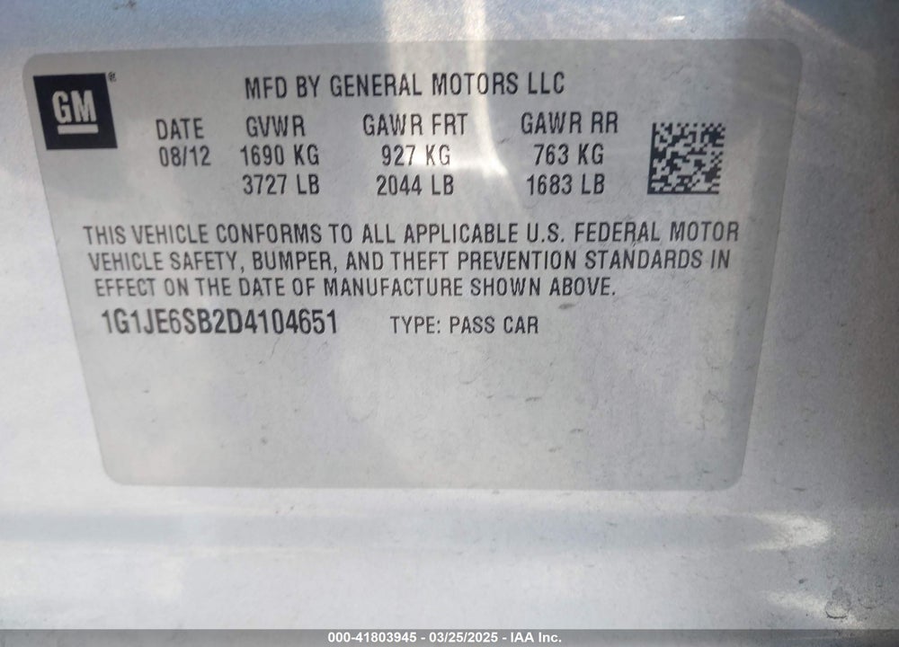 2013 CHEVROLET SONIC VIN: 1G1JE6SB2D4104651