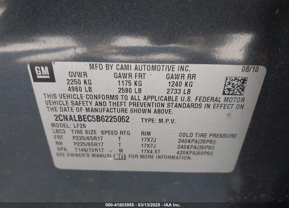 2011 CHEVROLET EQUINOX VIN: 2CNALBEC5B6225062