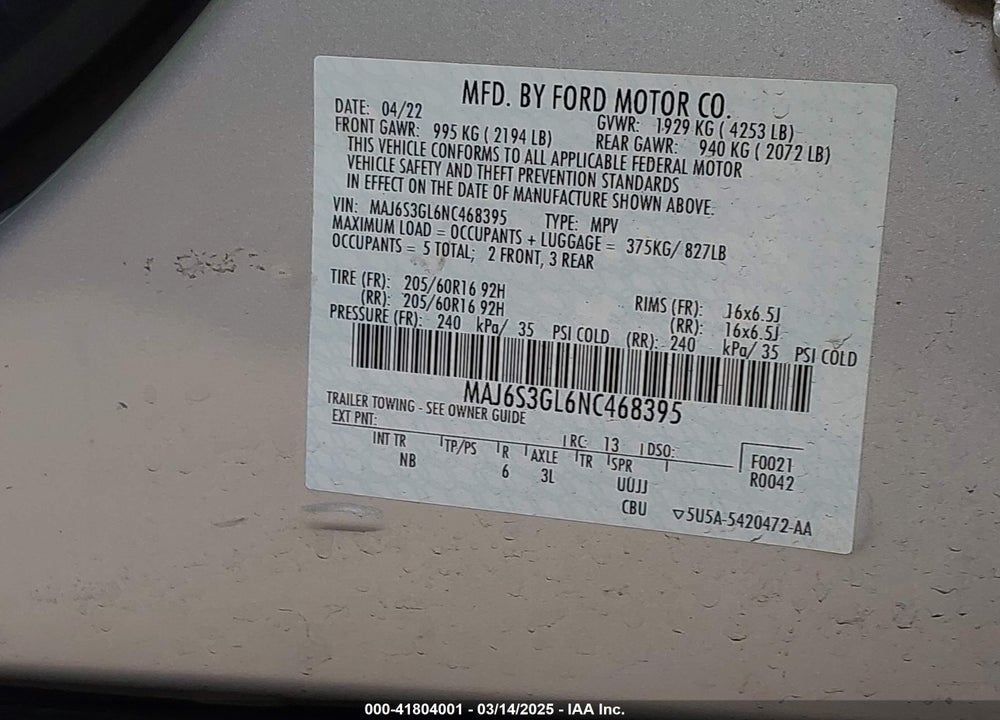2022 FORD ECOSPORT VIN: MAJ6S3GL6NC468395