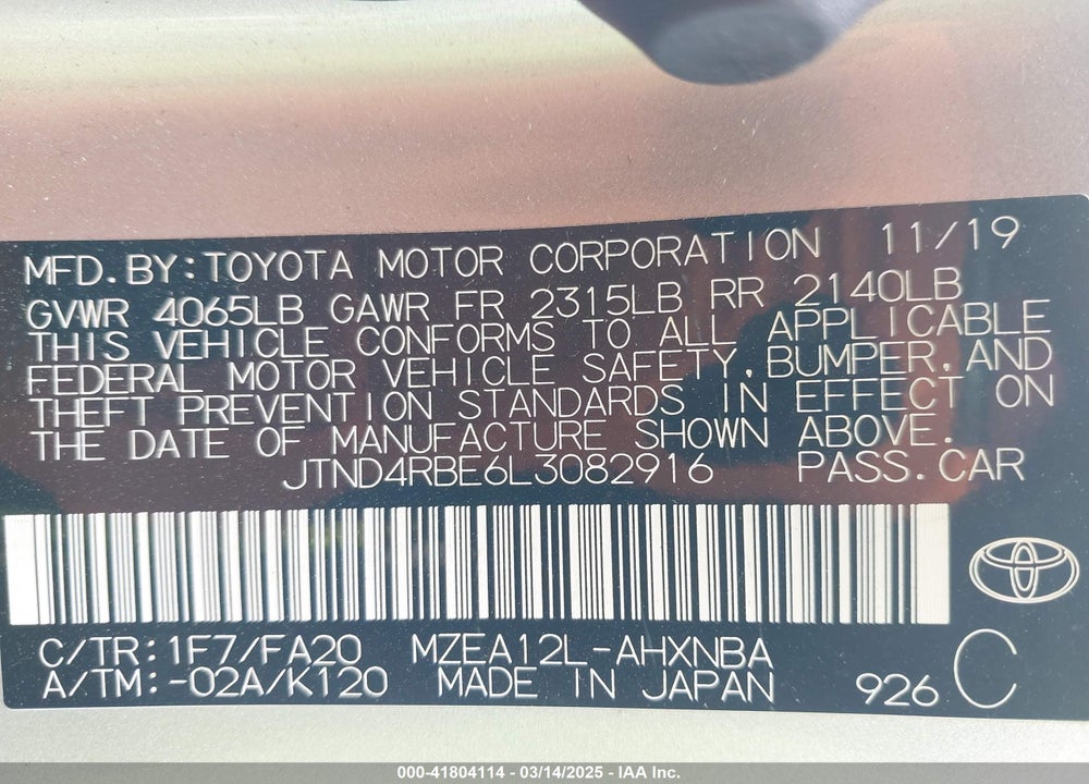 2020 TOYOTA COROLLA SE VIN: JTND4RBE6L3082916