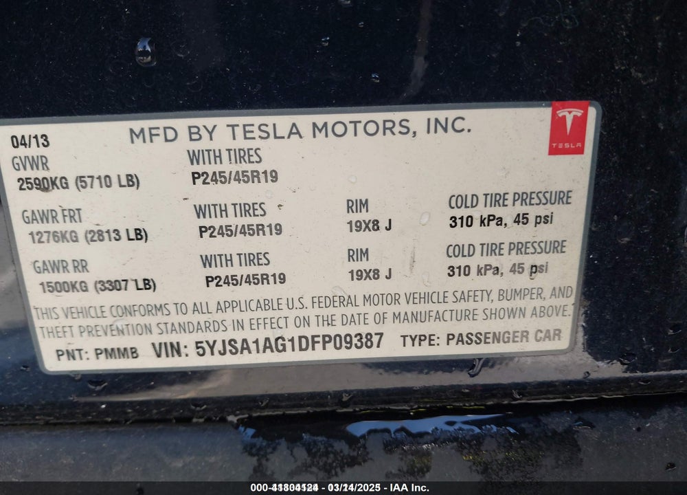 2013 TESLA MODEL S VIN: 5YJSA1AG1DFP09387