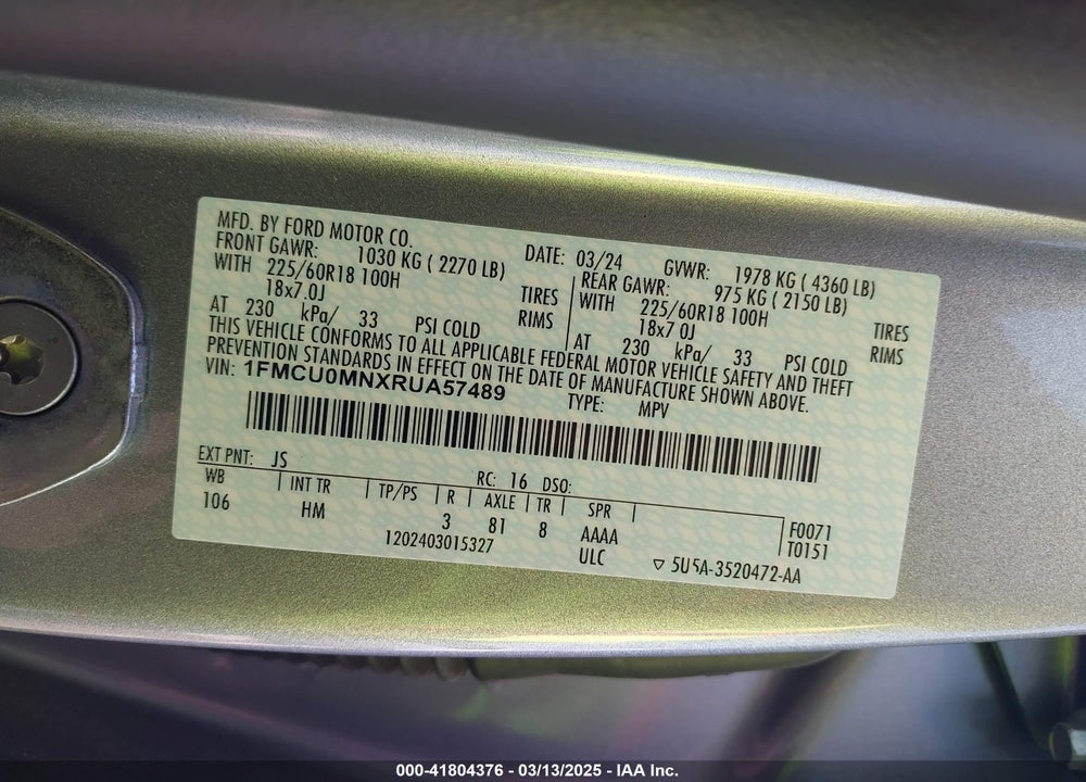 2024 FORD ESCAPE VIN: 1FMCU0MNXRUA57489
