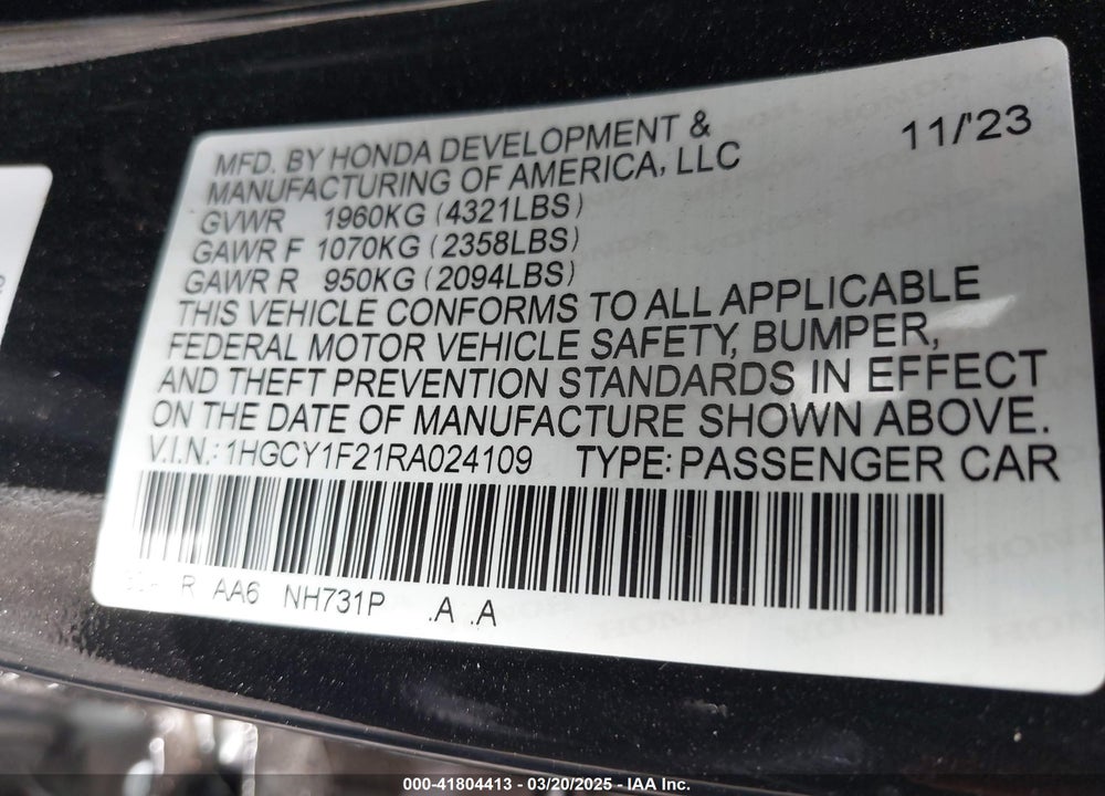 2024 HONDA ACCORD VIN: 1HGCY1F21RA024109