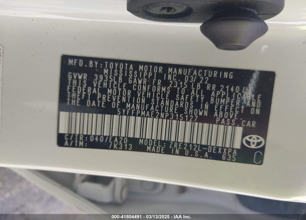 2022 TOYOTA COROLLA VIN: 5YFFPMAE2NP315127