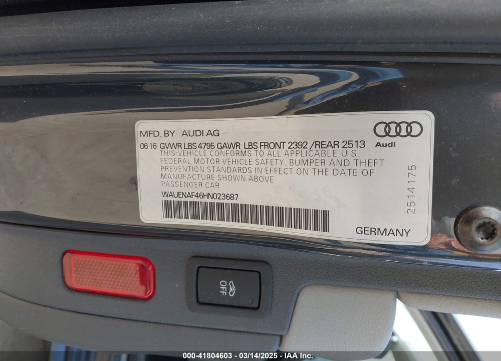 2017 AUDI A4 2.0T PREMIUM VIN: WAUENAF46HN023687