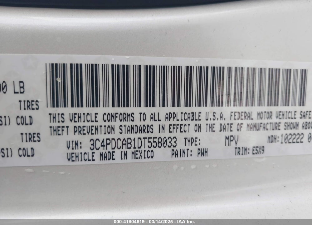 2013 DODGE JOURNEY VIN: 3C4PDCAB1DT558033