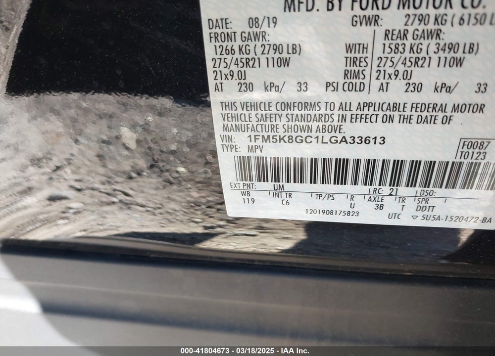 2020 FORD EXPLORER ST VIN: 1FM5K8GC1LGA33613