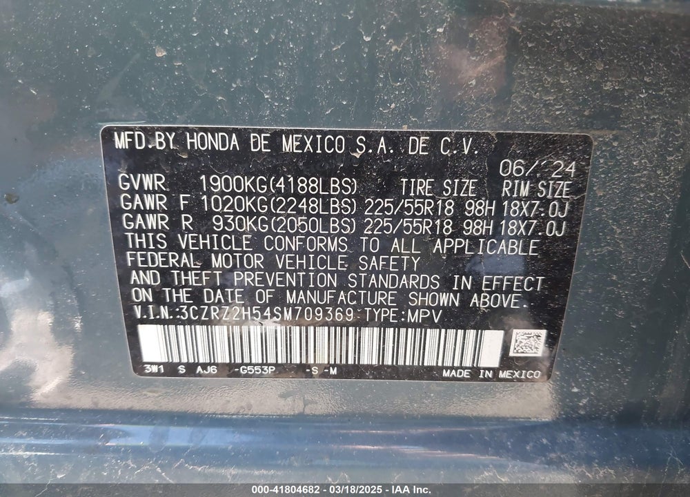 2025 HONDA HR-V AWD SPORT VIN: 3CZRZ2H54SM709369