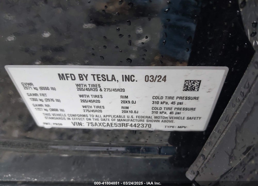 2024 TESLA MODEL X VIN: 7SAXCAE53RF442370