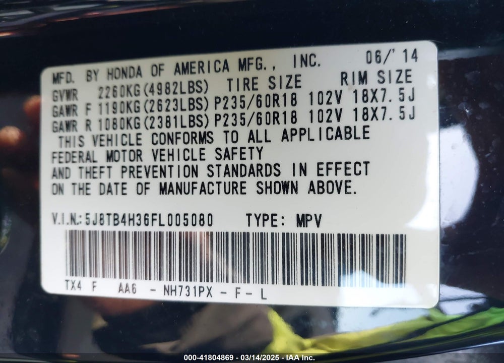 2015 ACURA RDX VIN: 5J8TB4H36FL005080