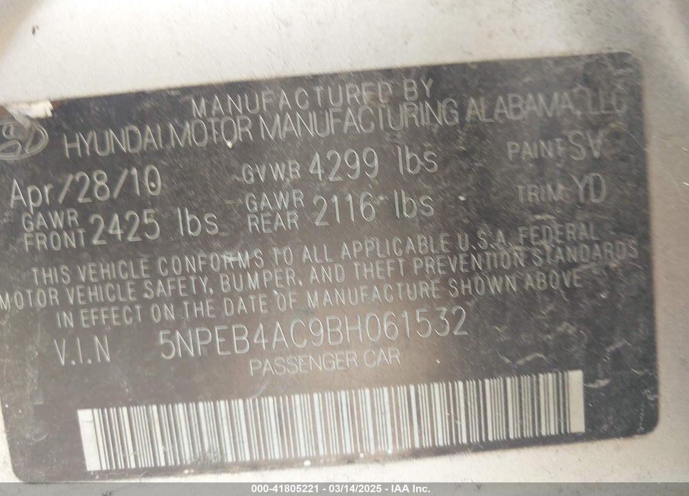 2011 HYUNDAI SONATA GLS VIN: 5NPEB4AC9BH061532