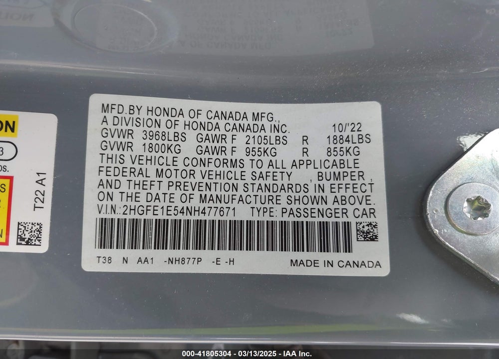 2022 HONDA CIVIC SI VIN: 2HGFE1E54NH477671
