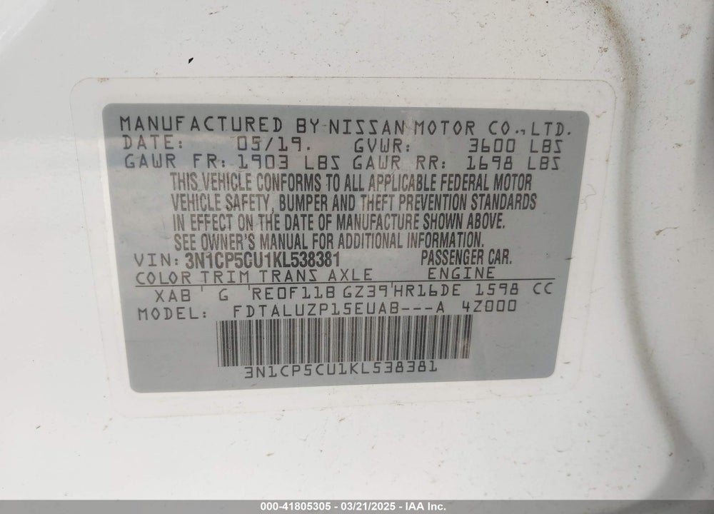 2019 NISSAN KICKS SR VIN: 3N1CP5CU1KL538381