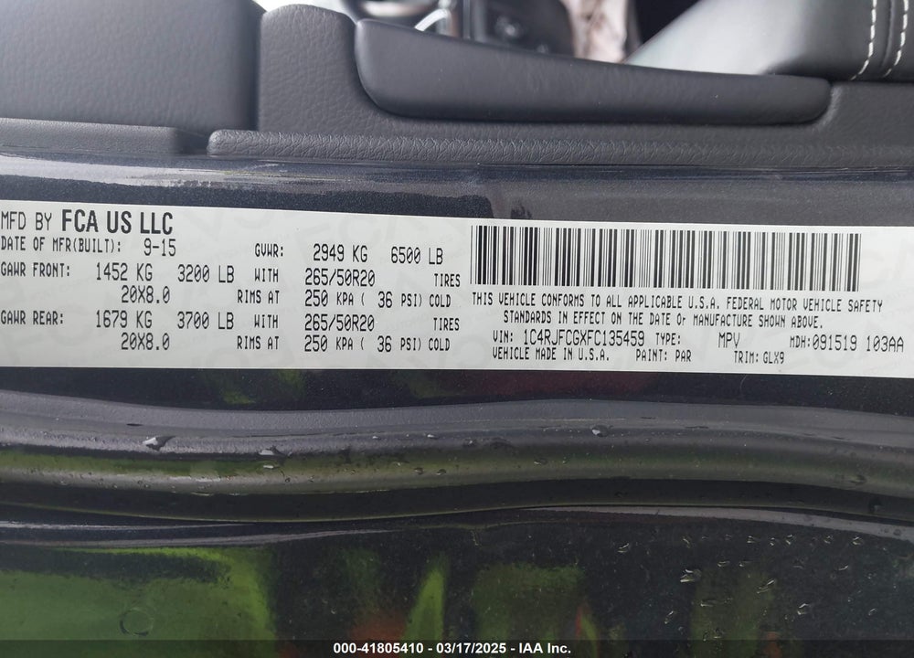2015 JEEP GRAND CHEROKEE VIN: 1C4RJFCGXFC135459