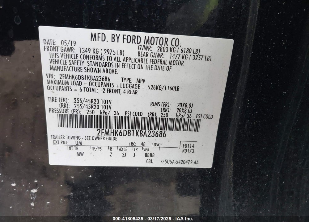 2019 FORD FLEX VIN: 2FMHK6D81KBA23686