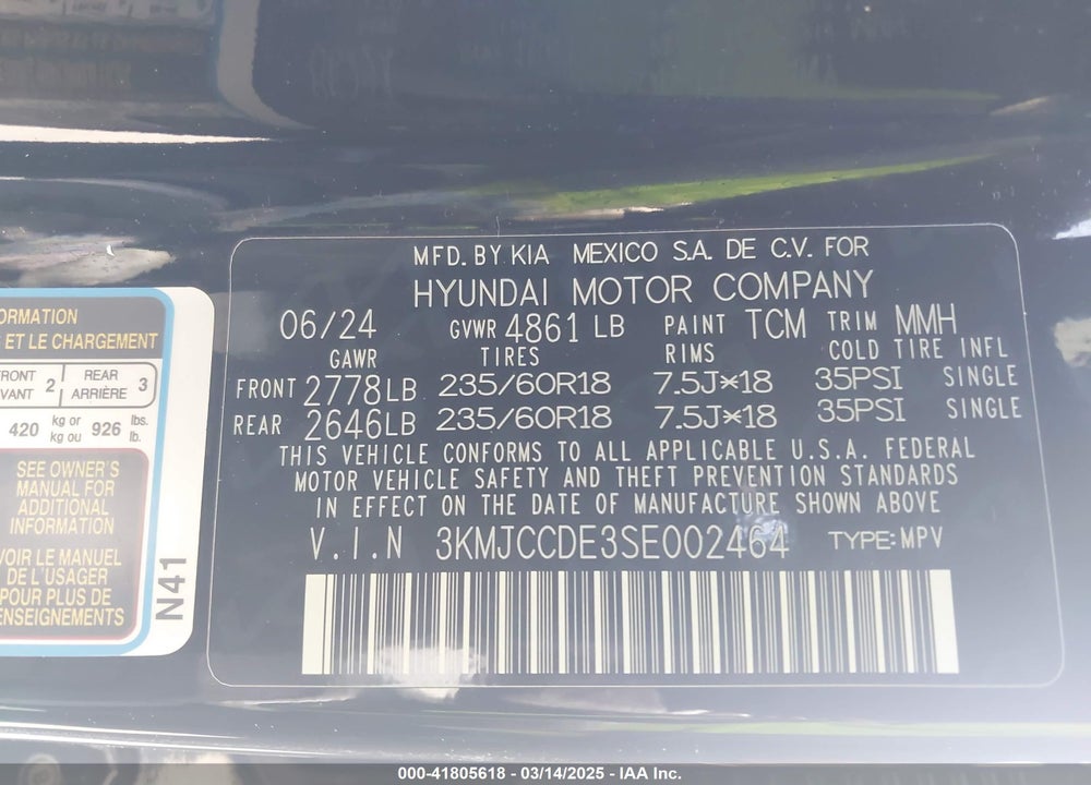 2025 HYUNDAI TUCSON SEL CONVENIENCE VIN: 3KMJCCDE3SE002464