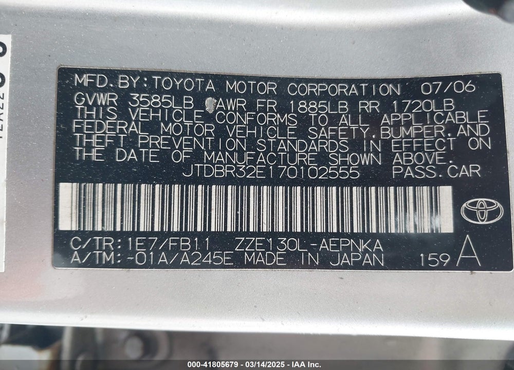 2007 TOYOTA COROLLA LE VIN: JTDBR32E170102555