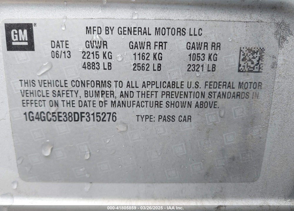 2013 BUICK LACROSSE VIN: 1G4GC5E38DF315276