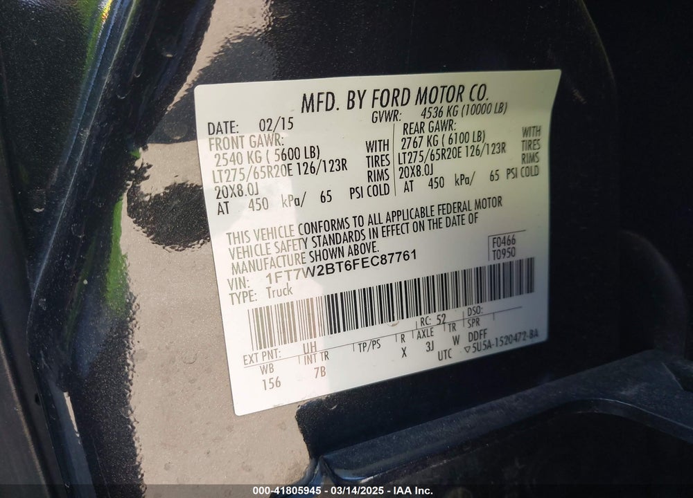 2015 FORD F-250 VIN: 1FT7W2BT6FEC87761