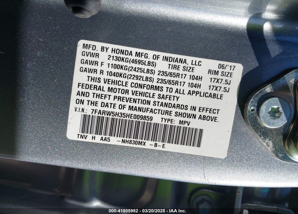 2017 HONDA CR-V LX VIN: 7FARW5H35HE009859