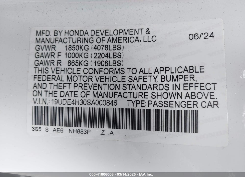 2025 ACURA INTEGRA A-SPEC VIN: 19UDE4H30SA000846
