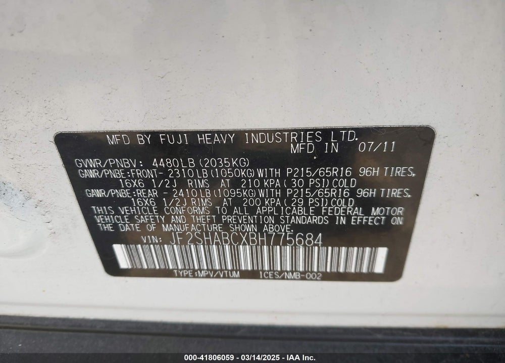 2011 SUBARU FORESTER 2.5X VIN: JF2SHABCXBH775684