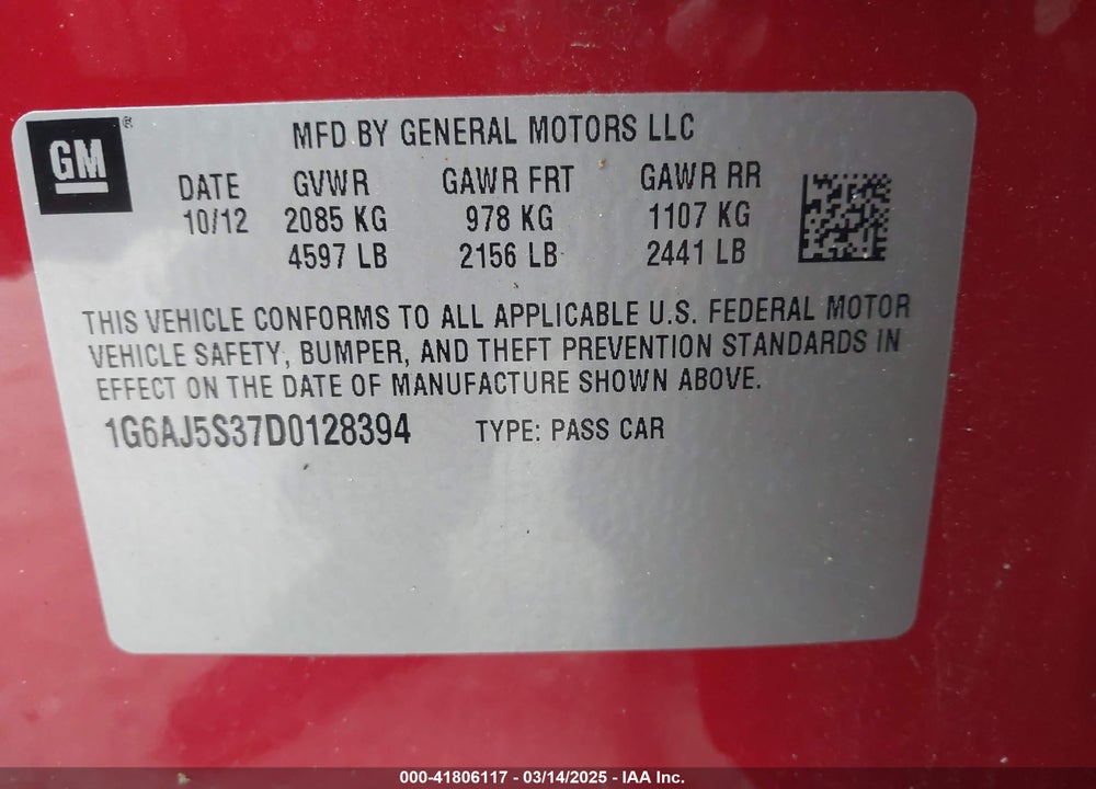2013 CADILLAC ATS VIN: 1G6AJ5S37D0128394