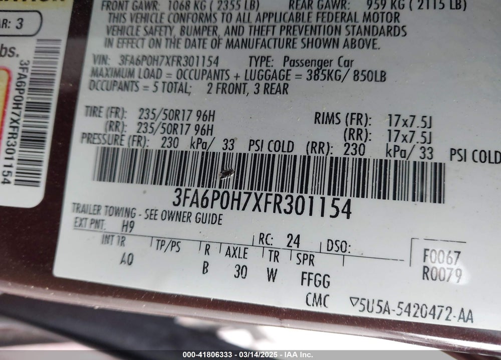 2015 FORD FUSION VIN: 3FA6P0H7XFR301154