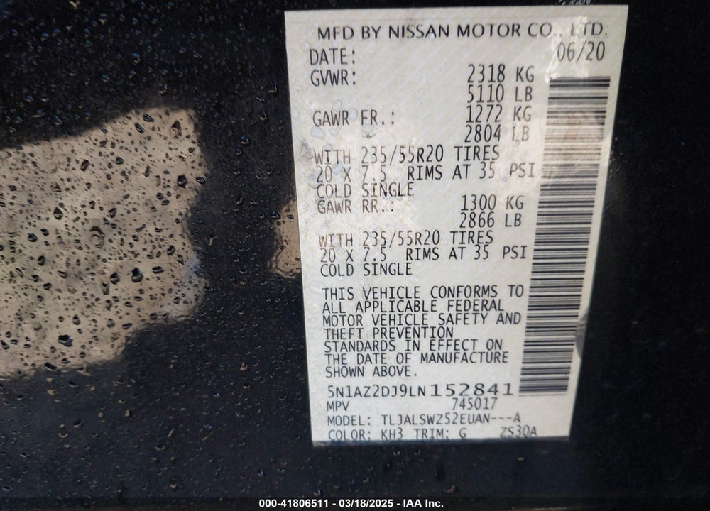 2020 NISSAN MURANO VIN: 5N1AZ2DJ9LN152841