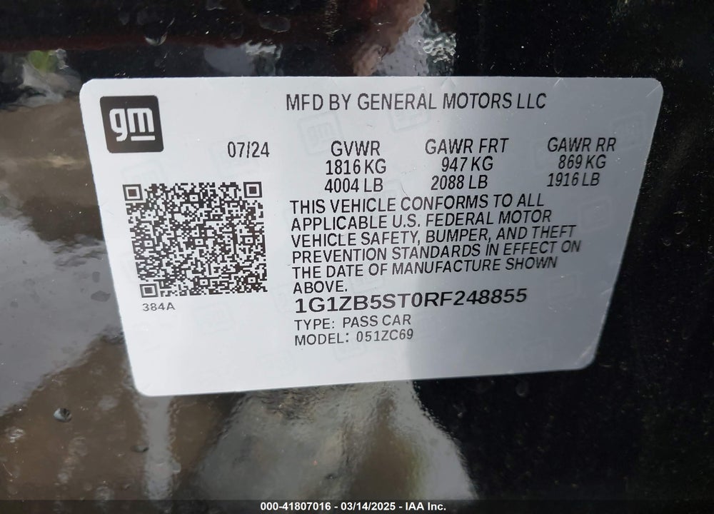 2024 CHEVROLET MALIBU FWD LS VIN: 1G1ZB5ST0RF248855