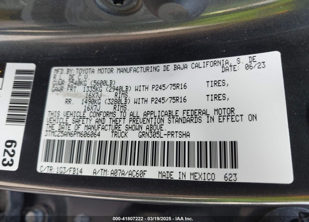2023 TOYOTA TACOMA VIN: 3TMCZ5AN6PM606064