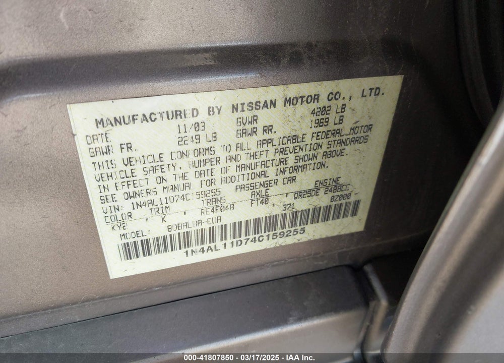 2004 NISSAN ALTIMA 2.5 S VIN: 1N4AL11D74C159255